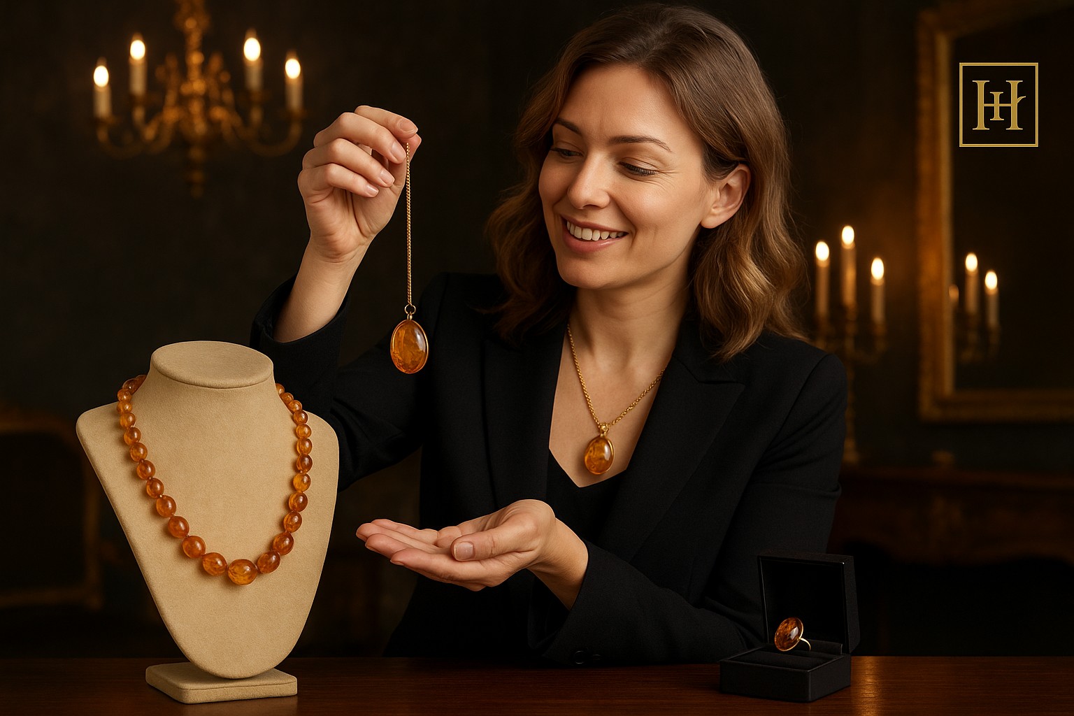 Golden amber pendant with natural patterns, showcased in a handcrafted design by ambernaylor4026