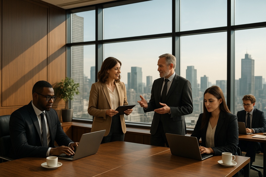 Luxury modern office with diverse professionals collaborating by large windows, representing Echostreamhub’s connected digital workspace.