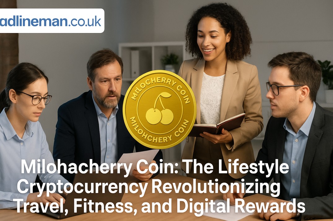 People working in a modern office with digital Milohacherry Coin graphics and blockchain elements in the background.