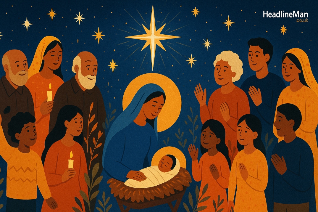 A festive multicultural gathering celebrating Nativität, symbolizing unity, joy, and divine birth with warm lights and spiritual ambiance.