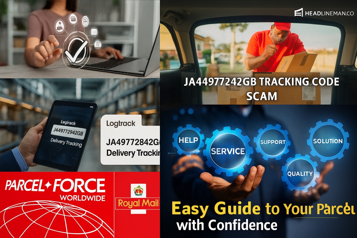 Luxury horizontal banner showing Royal Mail and parcel tracking concept with JA449772842GB keyword — headlineman.co.uk logo included.