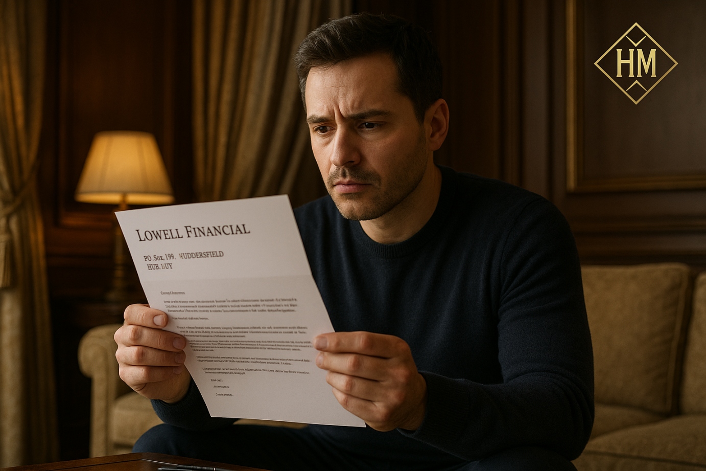 Individual reviewing a debt collection letter from PO Box 189 Huddersfield HD8 1DY