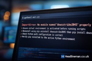 Full interface view of software Dowsstrike2045 Python showing automation panels, security scanning, and data analysis — Headlineman.co.uk