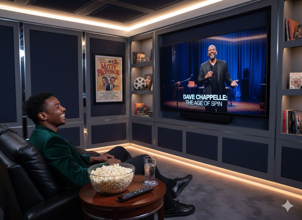 A young man, Ibrahim Chappelle, sits smiling in a plush, dark-green velvet jacket on a black leather couch in a luxury home theater, watching a large screen showing his father, Dave Chappelle, performing stand-up. A poster for "The Nutty Professor" and a bowl of popcorn are visible.