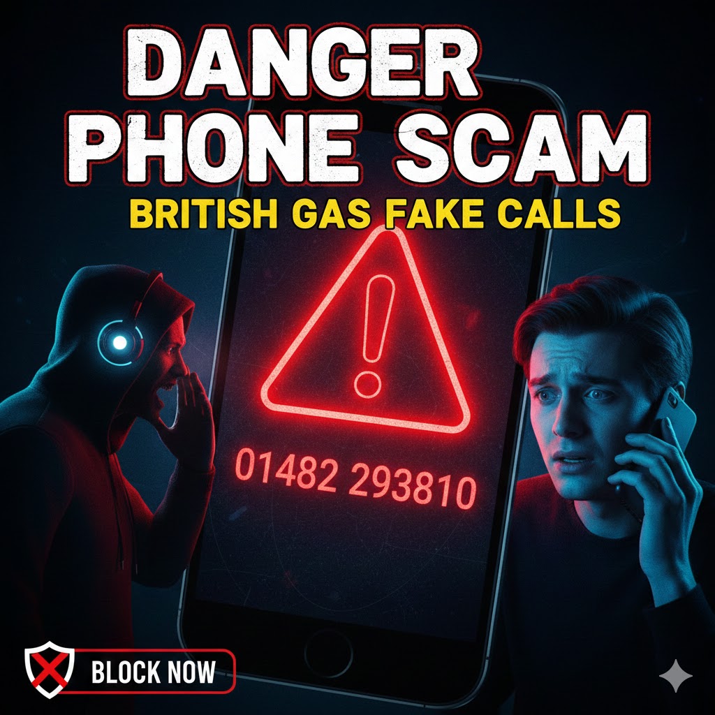 Warning sign about 01482 293810 scam calls with phone displaying dangerous caller alert - Headlineman.co.uk UK scam protection guide