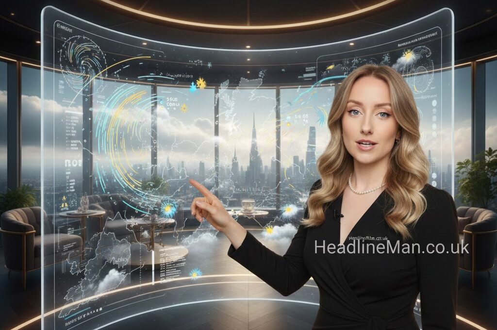 Honor Criswick UK meteorologist presenting weather forecast on GB News studio - Headlineman.co.uk