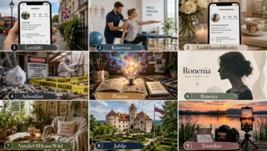 Horizontal collage featuring Lottib81, Kinervus, LeahHannahBentley, Asbestlint, Poieno, Ronenia, NatalieOfHouseWild, Jablje, and Tcintikee with related social media, rehabilitation, asbestos safety, creativity, lifestyle, castle, and travel imagery.