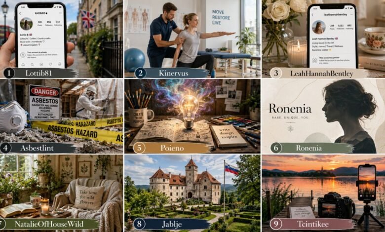 Horizontal collage featuring Lottib81, Kinervus, LeahHannahBentley, Asbestlint, Poieno, Ronenia, NatalieOfHouseWild, Jablje, and Tcintikee with related social media, rehabilitation, asbestos safety, creativity, lifestyle, castle, and travel imagery.